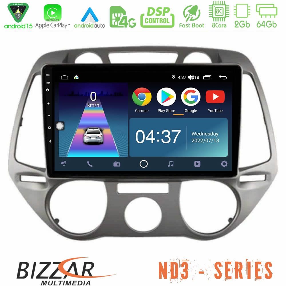 Bizzar ND3 Series 8Core Android15 2+64GB Hyundai i20 2009-2012 Manual A/C Navigation Multimedia Tablet 9"