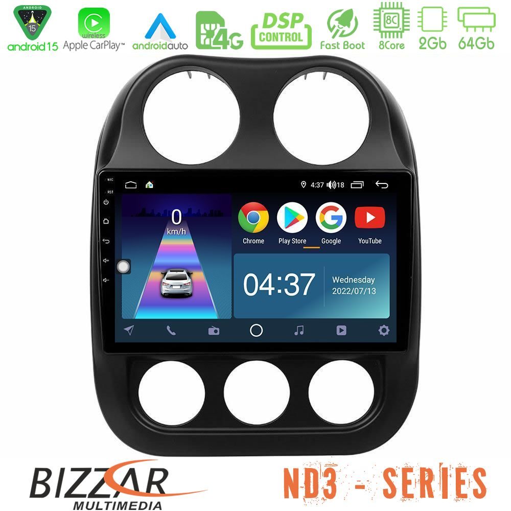 Bizzar ND3 Series 8Core Android15 2+64GB Jeep Compass 2012-2016 Navigation Multimedia Tablet 9"