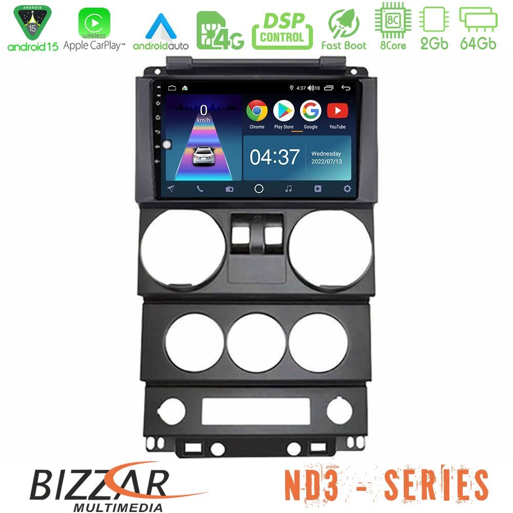 Bizzar ND3 Series 8Core Android15 2+64GB Jeep Wrangler 2Door 2008-2010 Navigation Multimedia Tablet 9"