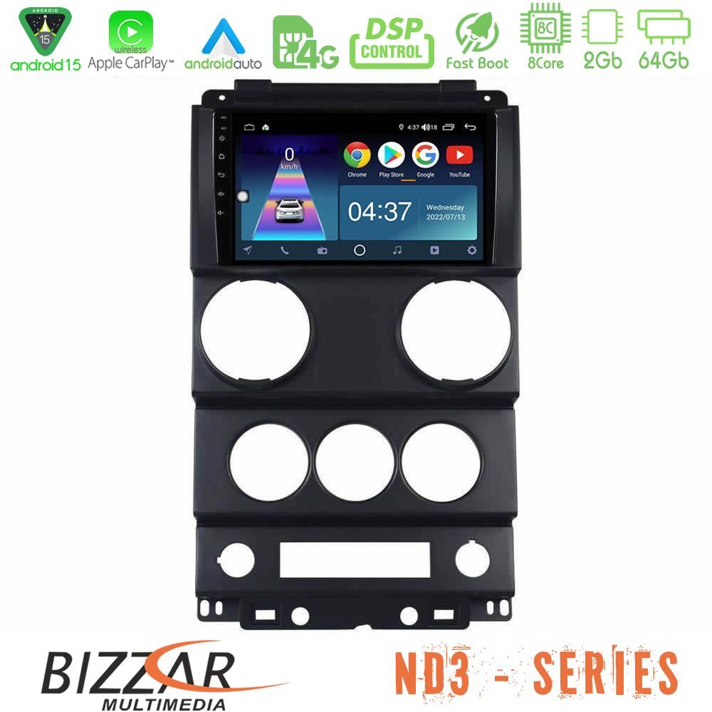 Bizzar ND3 Series 8Core Android15 2+64GB Jeep Wrangler 2Door 2008-2010 Navigation Multimedia Tablet 9"