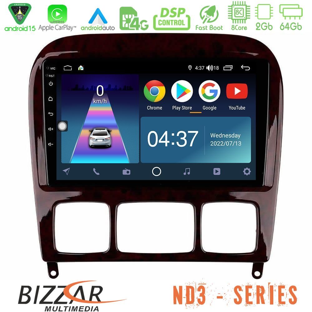 Bizzar ND3 Series 8Core Android15 2+64GB Mercedes S Class 1999-2004 (W220) Navigation Multimedia Tablet 9"