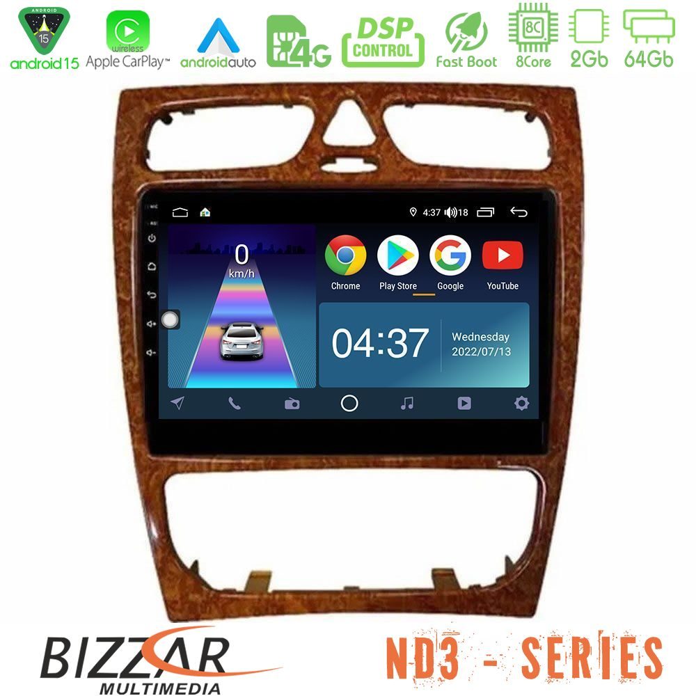 Bizzar ND3 Series 8Core Android15 2+64GB Mercedes C Class (W203) Navigation Multimedia Tablet 9" (Wooden Style)