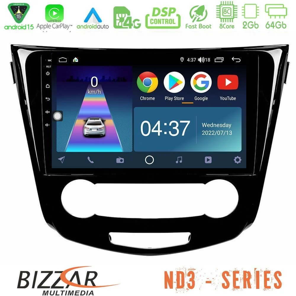 Bizzar ND3 Series 8Core Android15 2+64GB Nissan Qashqai J11 (Manual A/C) Navigation Multimedia Tablet 10"
