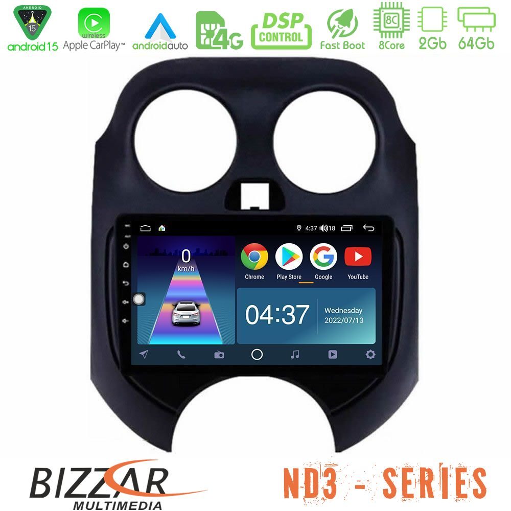 Bizzar ND3 Series 8Core Android15 2+64GB Nissan Micra 2011-2014 Navigation Multimedia Tablet 9"