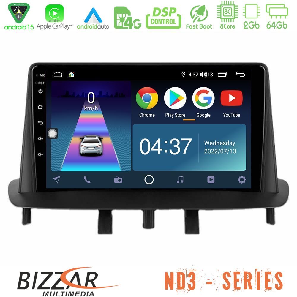 Bizzar ND3 Series 8Core Android15 2+64GB  Renault Megane 3 2009-2013 Navigation Multimedia Tablet 9"