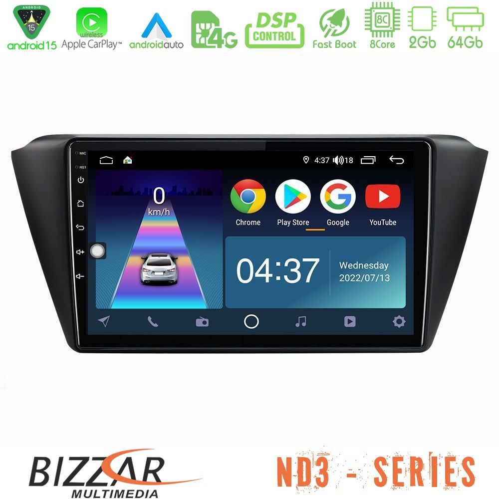 Bizzar ND3 Series 8Core Android15 2+64GB Skoda Fabia 2015-2021 Navigation Multimedia Tablet 9"