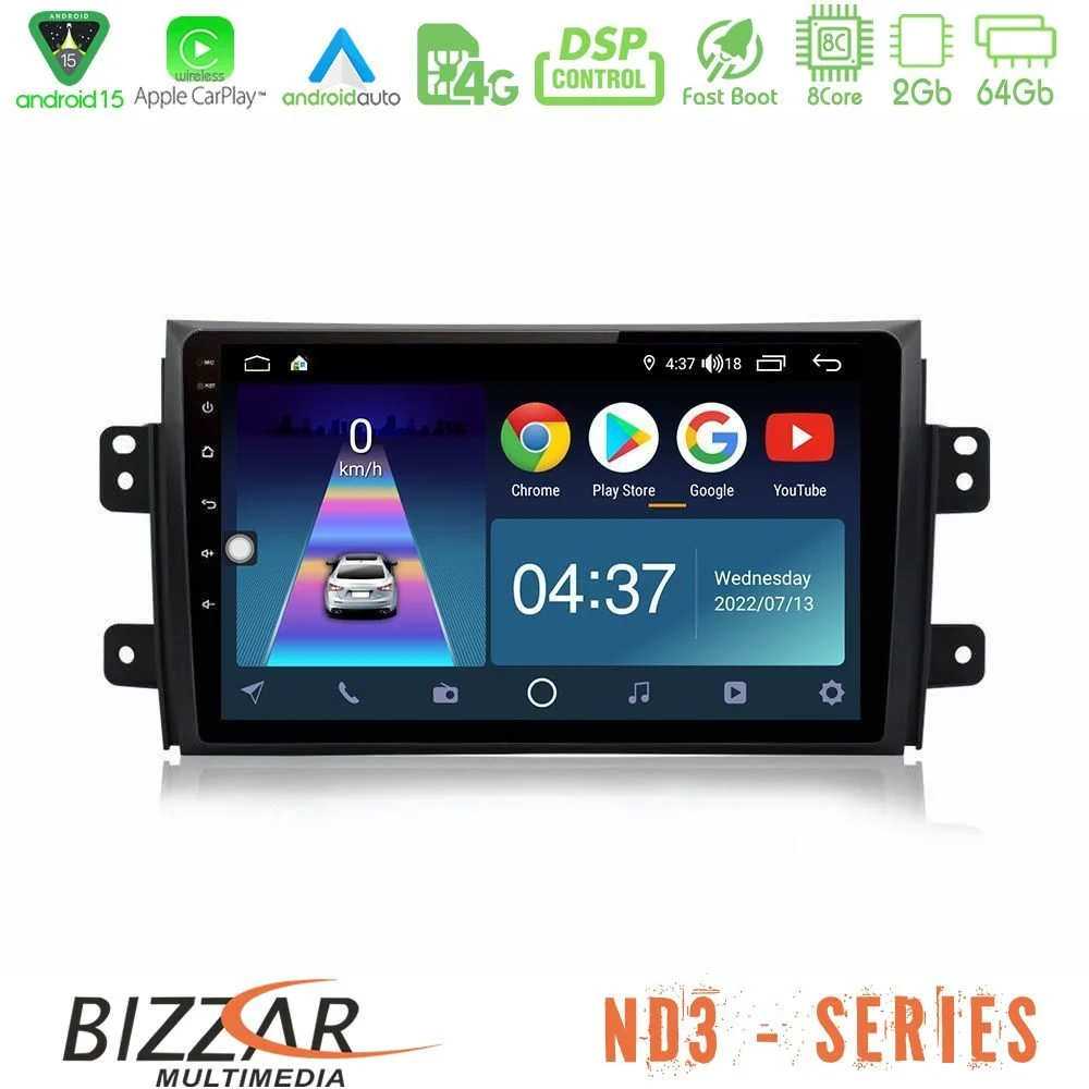 Bizzar ND3 Series 8Core Android15 2+64GB Suzuki SX4 2006-2014 Fiat Sedici 2006-2014 Navigation Multimedia Tablet 9"