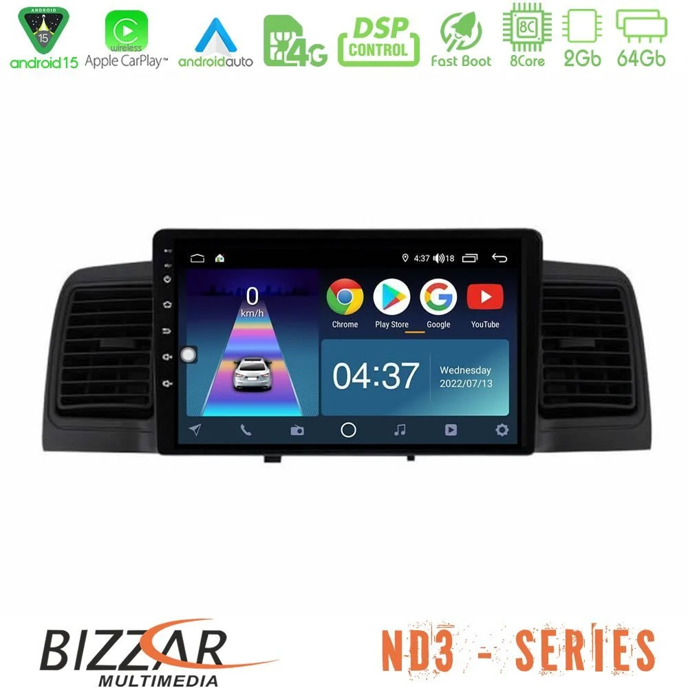 Bizzar ND3 Series 8Core Android15 2+64GB Toyota Corolla 2002-2006 Navigation Multimedia Tablet 9" (Black)