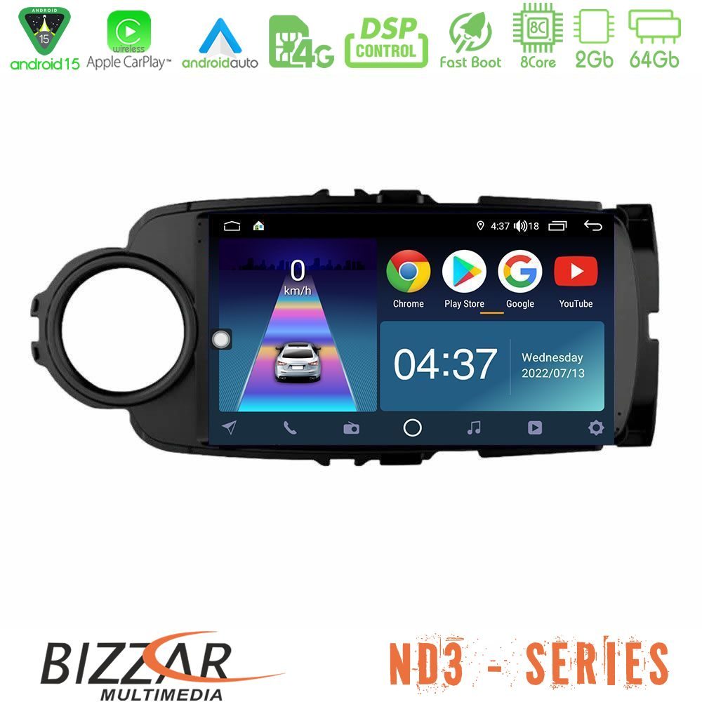 Bizzar ND3 Series 8Core Android15 2+64GB  Toyota Yaris Navigation Multimedia Tablet 9" (Μαύρο Χρώμα)