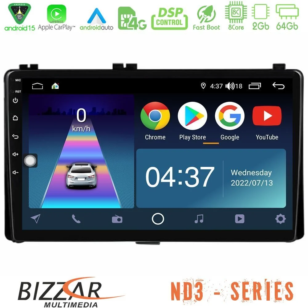 Bizzar ND3 Series 8Core Android15 2+64GB Toyota Corolla/Auris 2017-2019 Navigat-ion Multimedia Tablet 9"