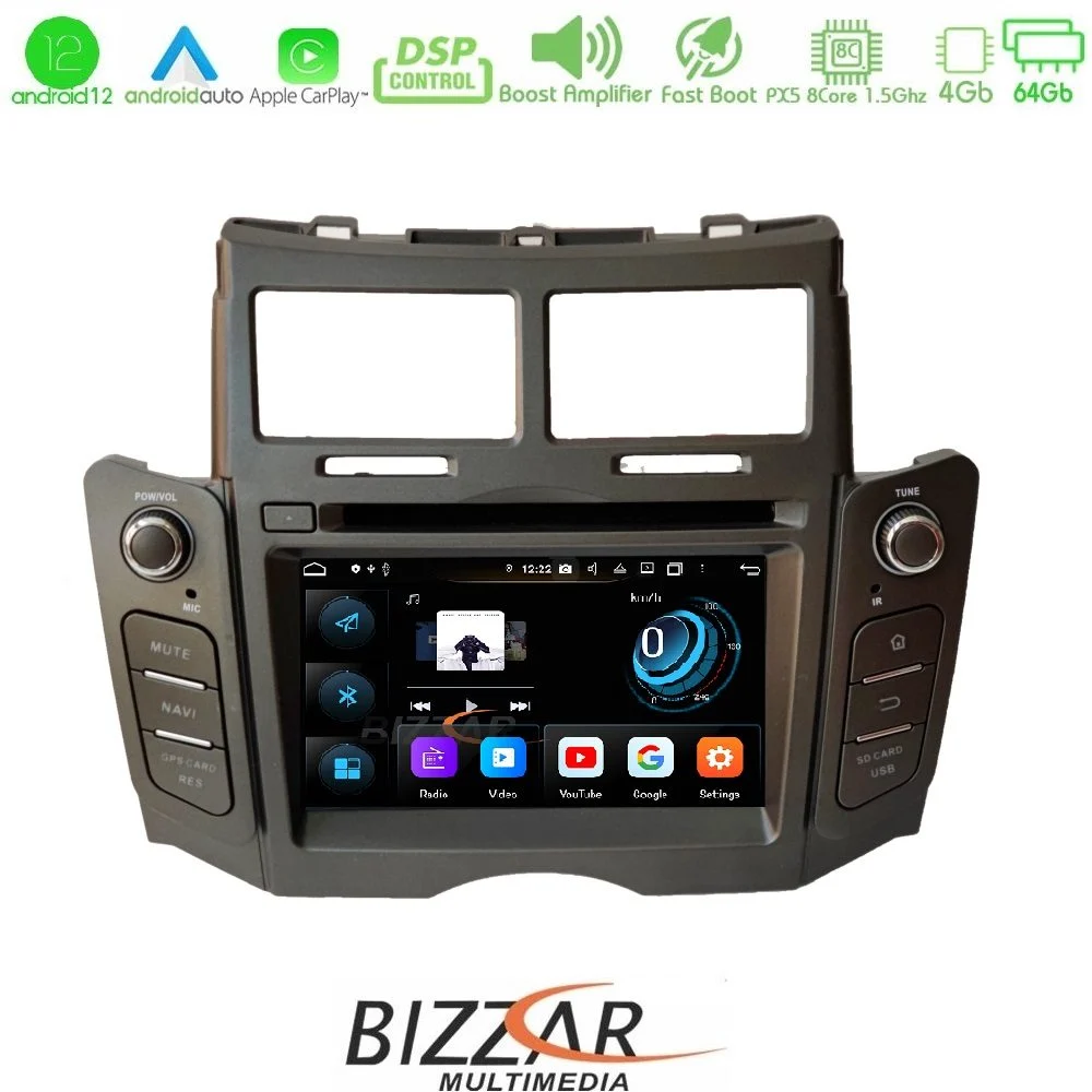 Bizzar OEM Toyota Yaris 2006-2011 8core Android12 4+64GB Navigation Multimedia (Γκρι χρώμα)