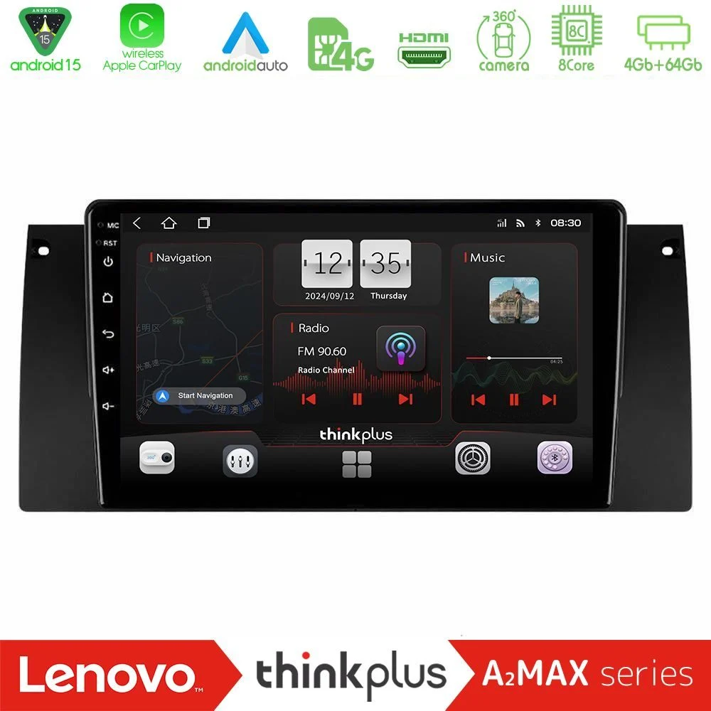 Lenovo Thinkplus A2MAX Series 8Core Android15 4+64GB BMW 5 Series (E39) / X5 (E53) Navigation Multimedia Tablet 9"