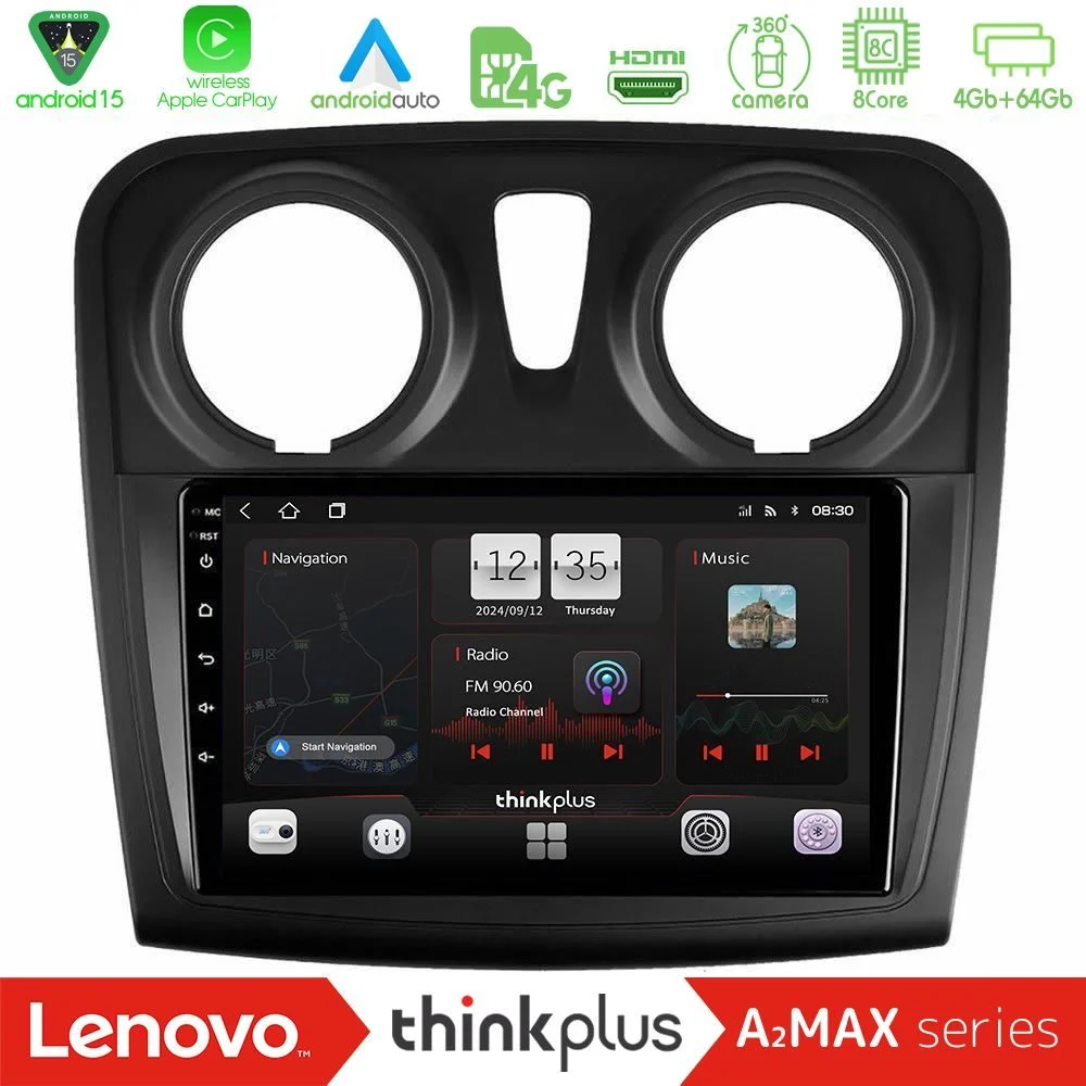 Lenovo Thinkplus A2MAX Series 8Core Android15 4+64GB Dacia Dokker 2014-2021 Navigation Multimedia Tablet 9"