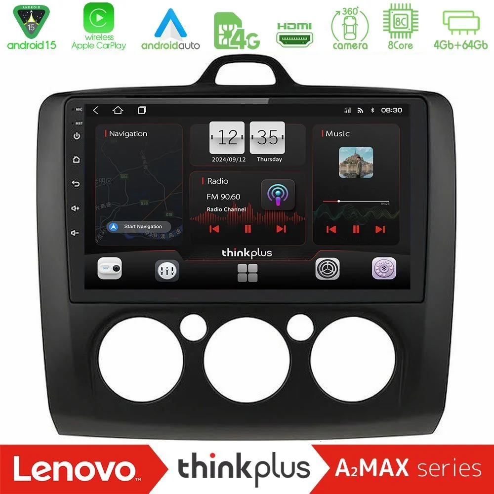 Lenovo Thinkplus A2MAX Series 8Core Android15 4+64GB Ford Focus Manual AC Navigation Multimedia Tablet 9" (Μαύρο Χρώμα)