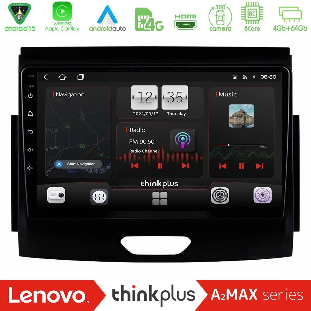 Lenovo Thinkplus A2MAX Series 8Core Android15 4+64GB Ford Ranger 2017-2022 Navigation Multimedia Tablet 9"