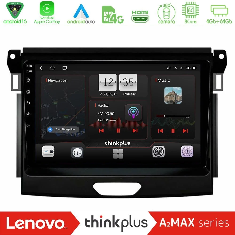 Lenovo Thinkplus A2MAX Series 8Core Android15 4+64GB Ford Ranger 2017-2022 Navigation Multimedia Tablet 9"
