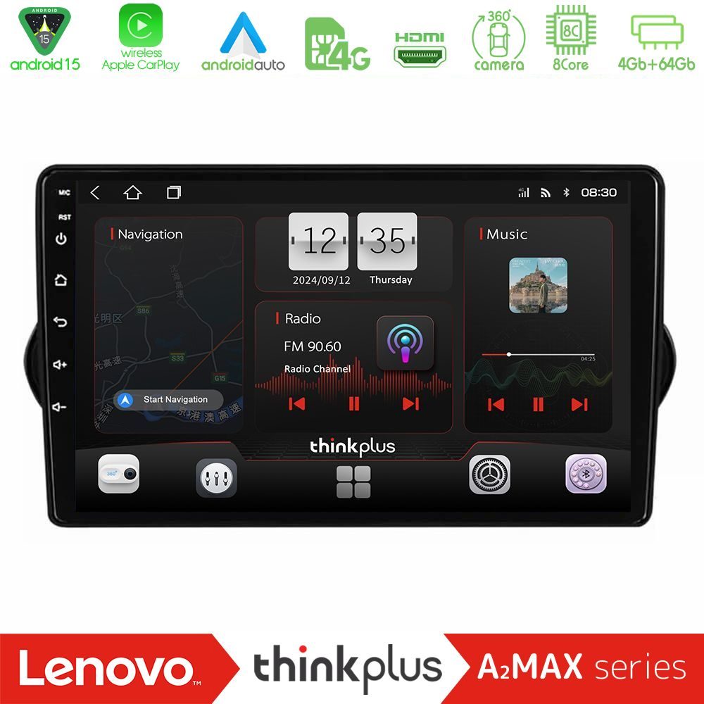 Lenovo Thinkplus A2MAX Series 8Core Android15 4+64GB  Fiat Tipo 2015-2022 (Hatchback) Navigation Multimedia Tablet 9"
