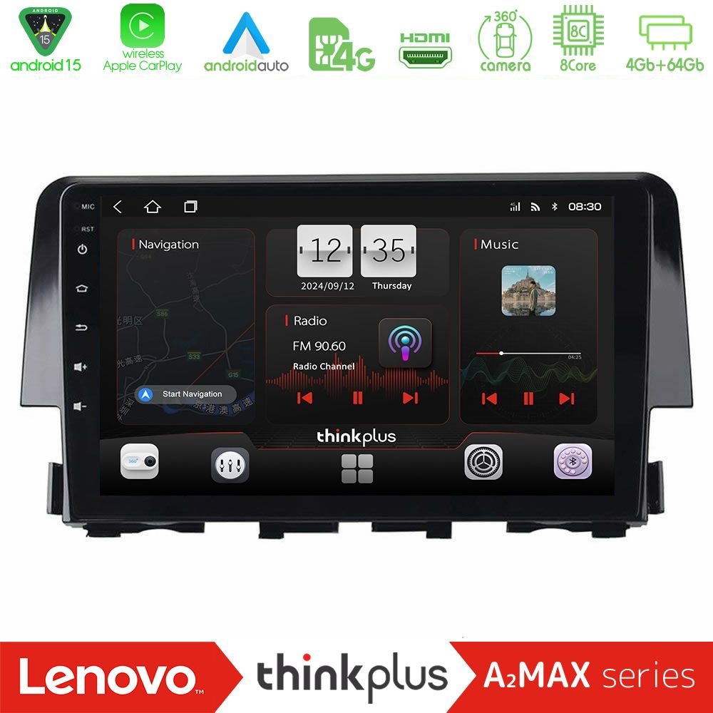 Lenovo Thinkplus A2MAX Series 8Core Android15 4+64GB  Honda Civic 2016-2020 Navigation Multimedia Tablet 9"