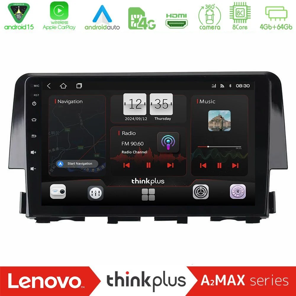 Lenovo Thinkplus A2MAX Series 8Core Android15 4+64GB Honda Civic 2016-2020 Navigation Multimedia Tablet 9"