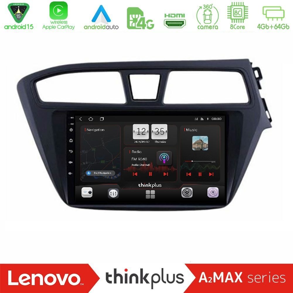 Lenovo Thinkplus A2MAX Series 8Core Android15 4+64GB Hyundai i20 2014-2018 RHD Navigation Multimedia Tablet 9"