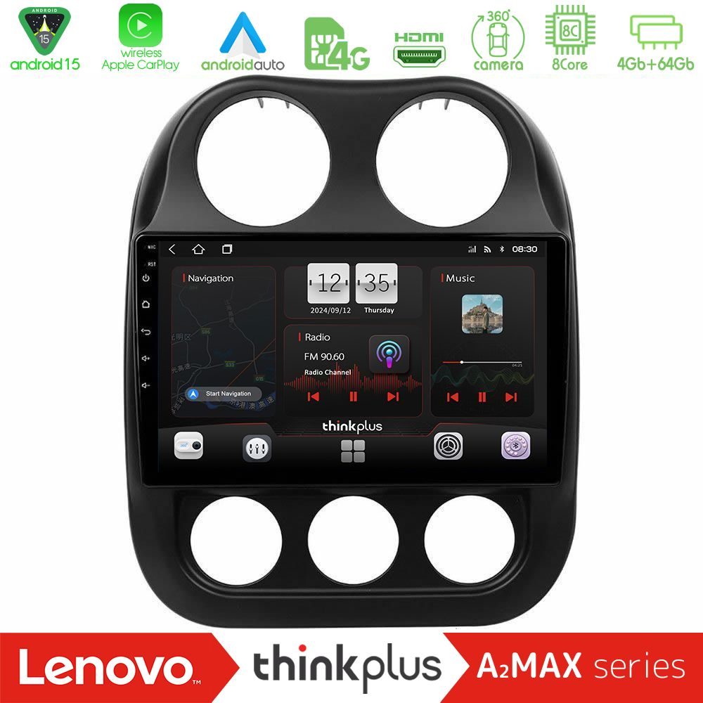 Lenovo Thinkplus A2MAX Series 8Core Android15 4+64GB Jeep Compass 2012-2016 Navigation Multimedia Tablet 9"