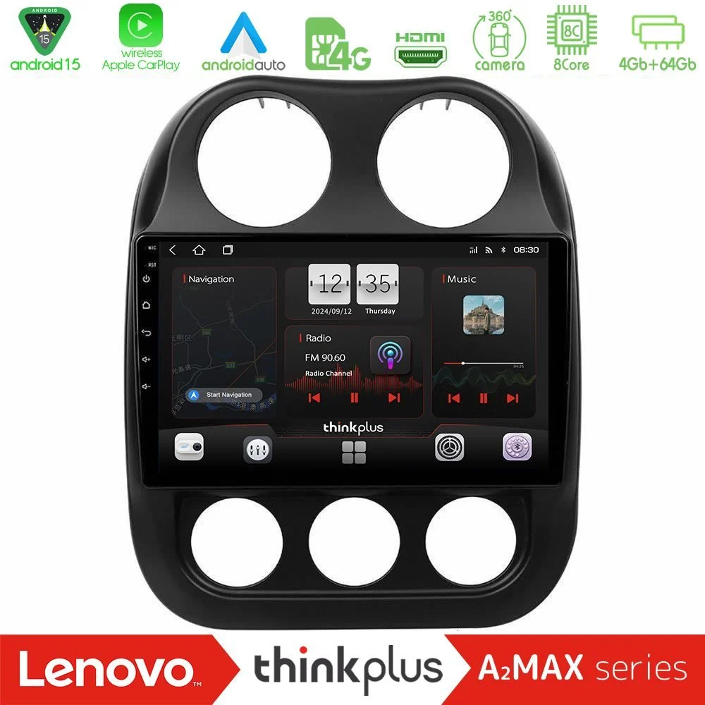 Lenovo Thinkplus A2MAX Series 8Core Android15 4+64GB  Jeep Compass 2012-2016 Navigation Multimedia Tablet 9"