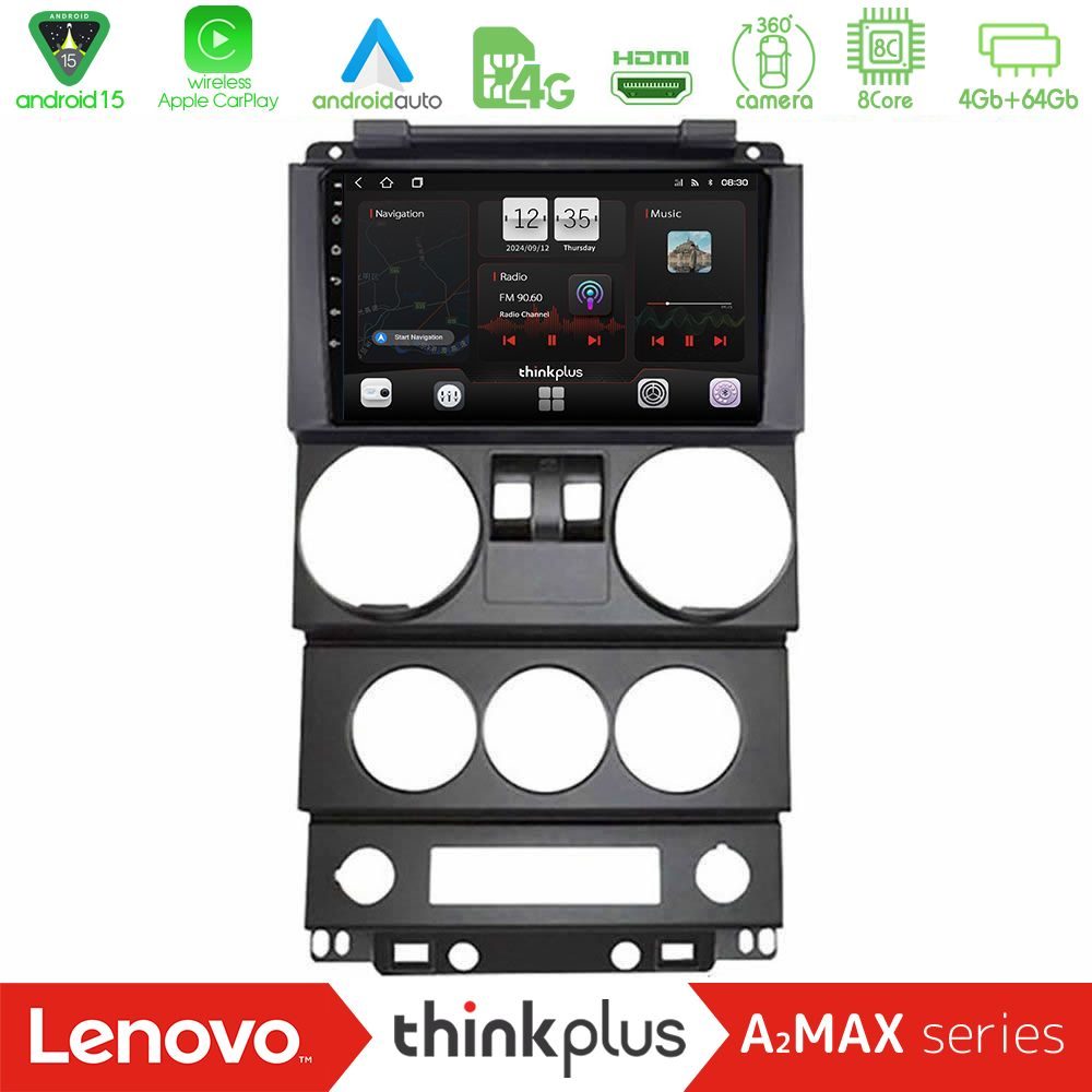 Lenovo Thinkplus A2MAX Series 8Core Android15 4+64GB  Jeep Wrangler 2Door 2008-2010 Navigation Multimedia Tablet 9"