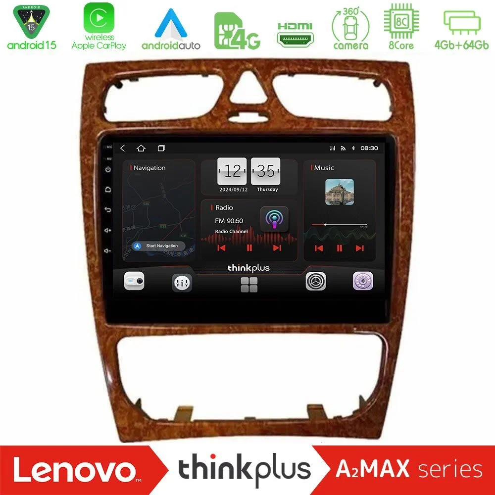 Lenovo Thinkplus A2MAX Series 8Core Android15 4+64GB Mercedes C Class (W203) Navigation Multimedia Tablet 9" (Wooden Style)