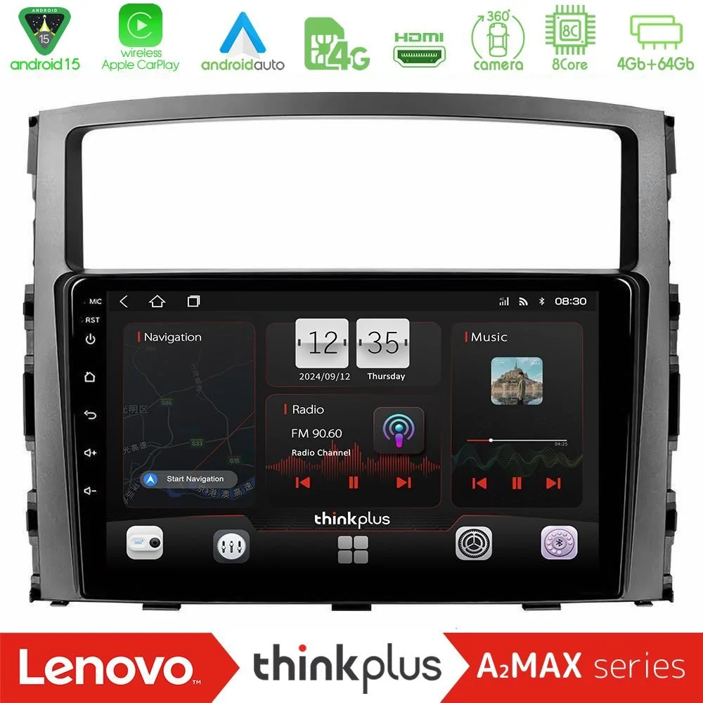 Lenovo Thinkplus A2MAX Series 8Core Android15 4+64GB Mitsubishi Pajero 2008-2009 Navigation Multimedia Tablet 9"