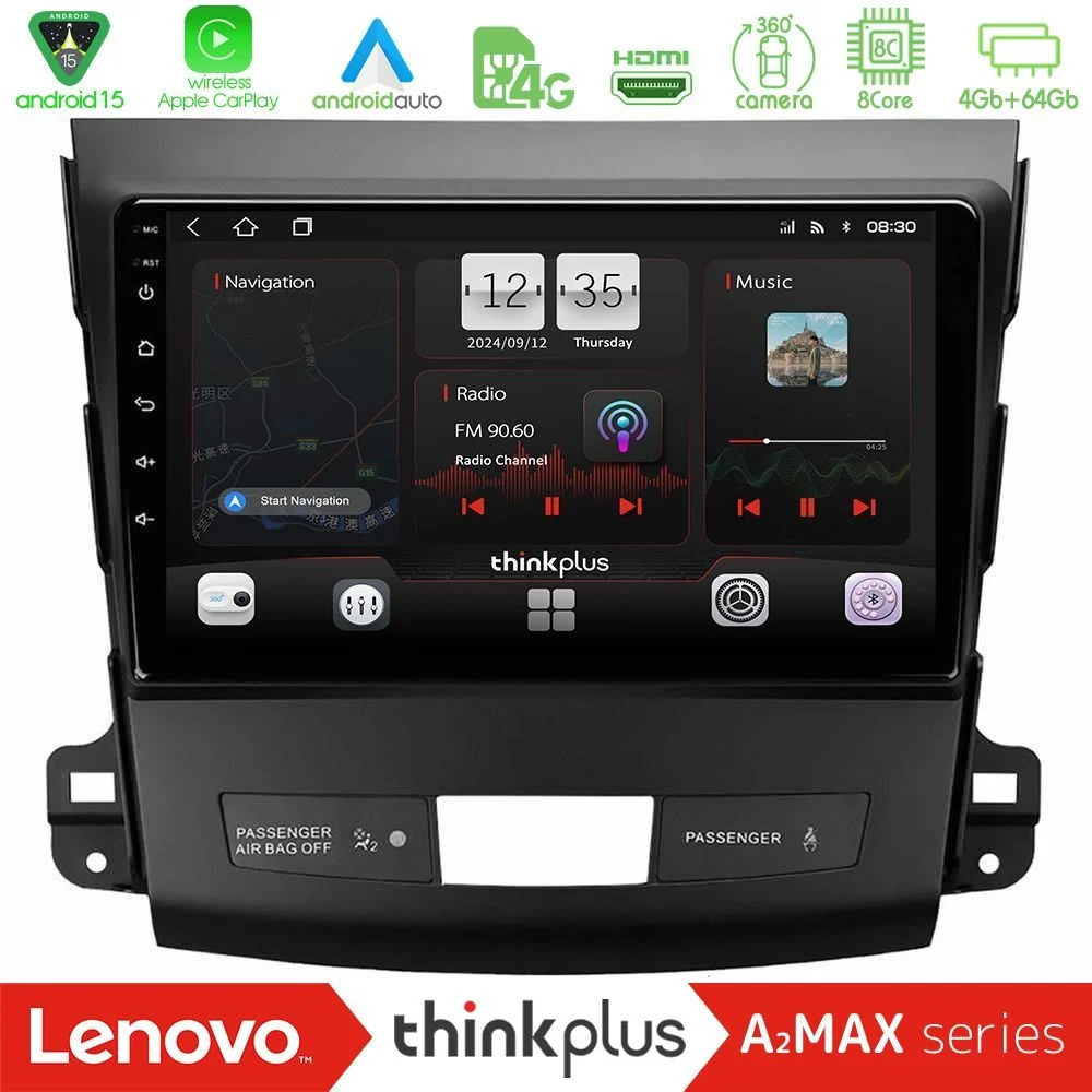 Lenovo Thinkplus A2MAX Series 8Core Android15 4+64GB Mitsubishi Outlander/Citroen C-Crosser/Peugeot 4007 Navigation Multimedia Tablet 9"