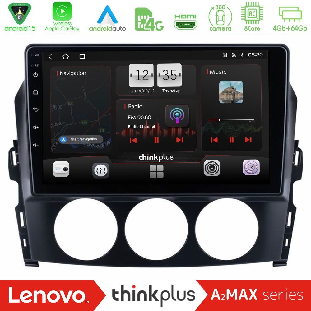 Lenovo Thinkplus A2MAX Series 8Core Android15 4+64GB  Mazda MX-5 2006-2008 Navigation Multimedia Tablet 9"