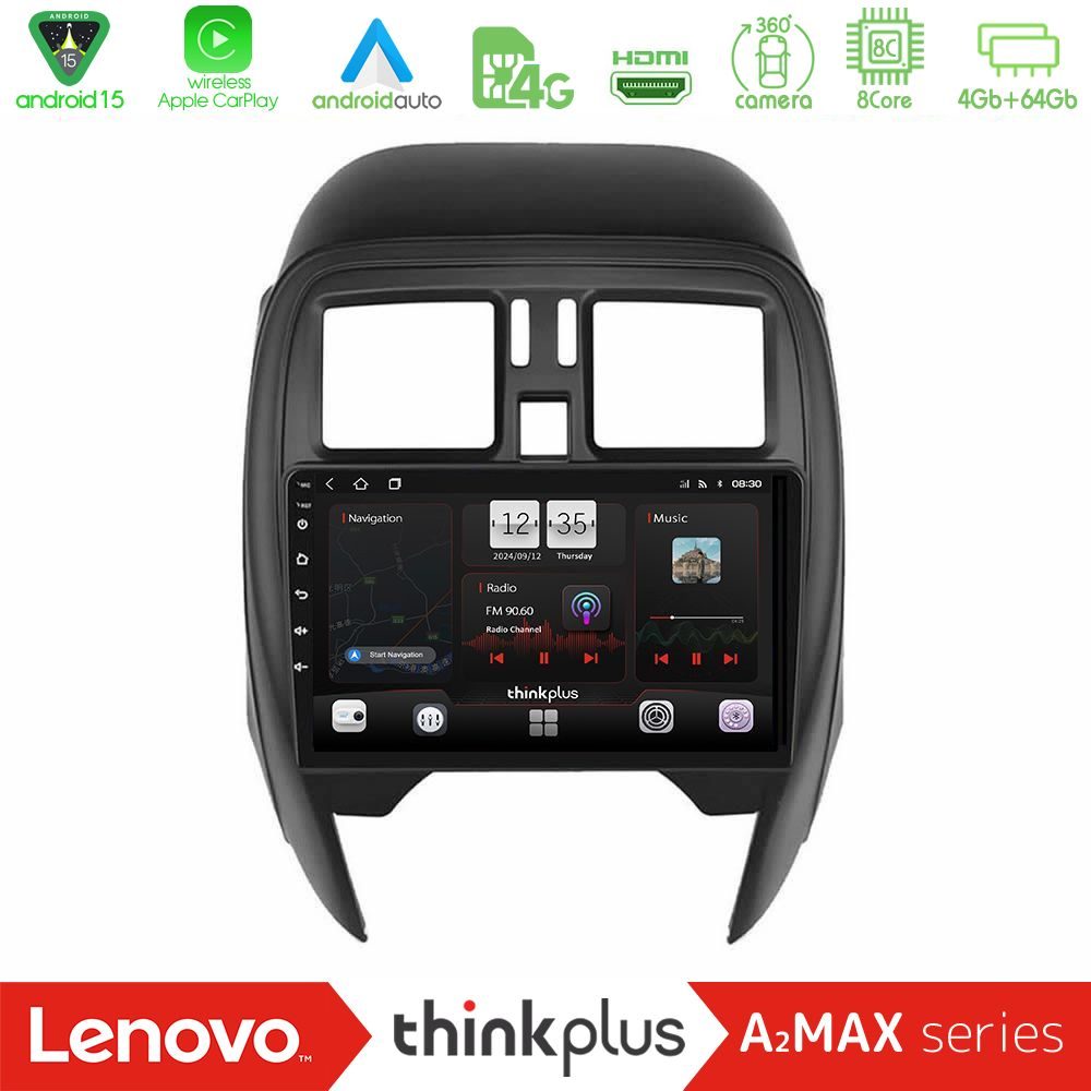Lenovo Thinkplus A2MAX Series 8Core Android15 4+64GB  Nissan Micra 2013-2016 Navigation Multimedia Tablet 9"