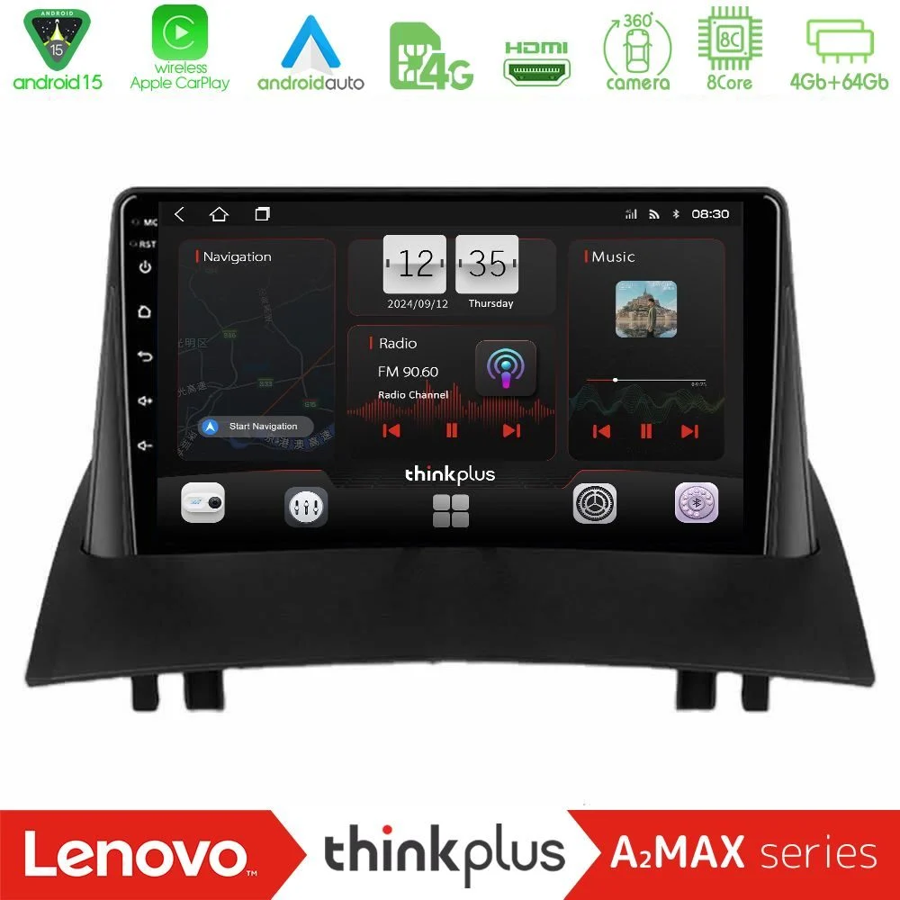 Lenovo Thinkplus A2MAX Series 8Core Android15 4+64GB Renault Megane 2 2002-2008 Navigation Multimedia Tablet 9"