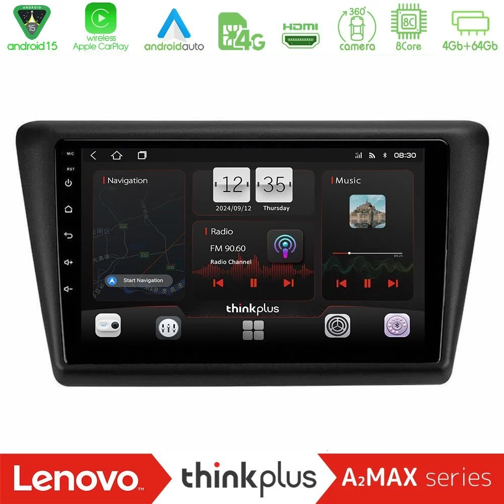 Lenovo Thinkplus A2MAX Series 8Core Android15 4+64GB Skoda Rapid 2013-2017 Navigation Multimedia Tablet 9"