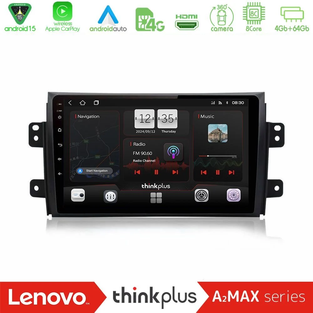 Lenovo Thinkplus A2MAX Series 8Core Android15 4+64GB Suzuki SX4 2006-2014 Fiat Sedici 2006-2014 Navigation Multimedia Tablet 9"