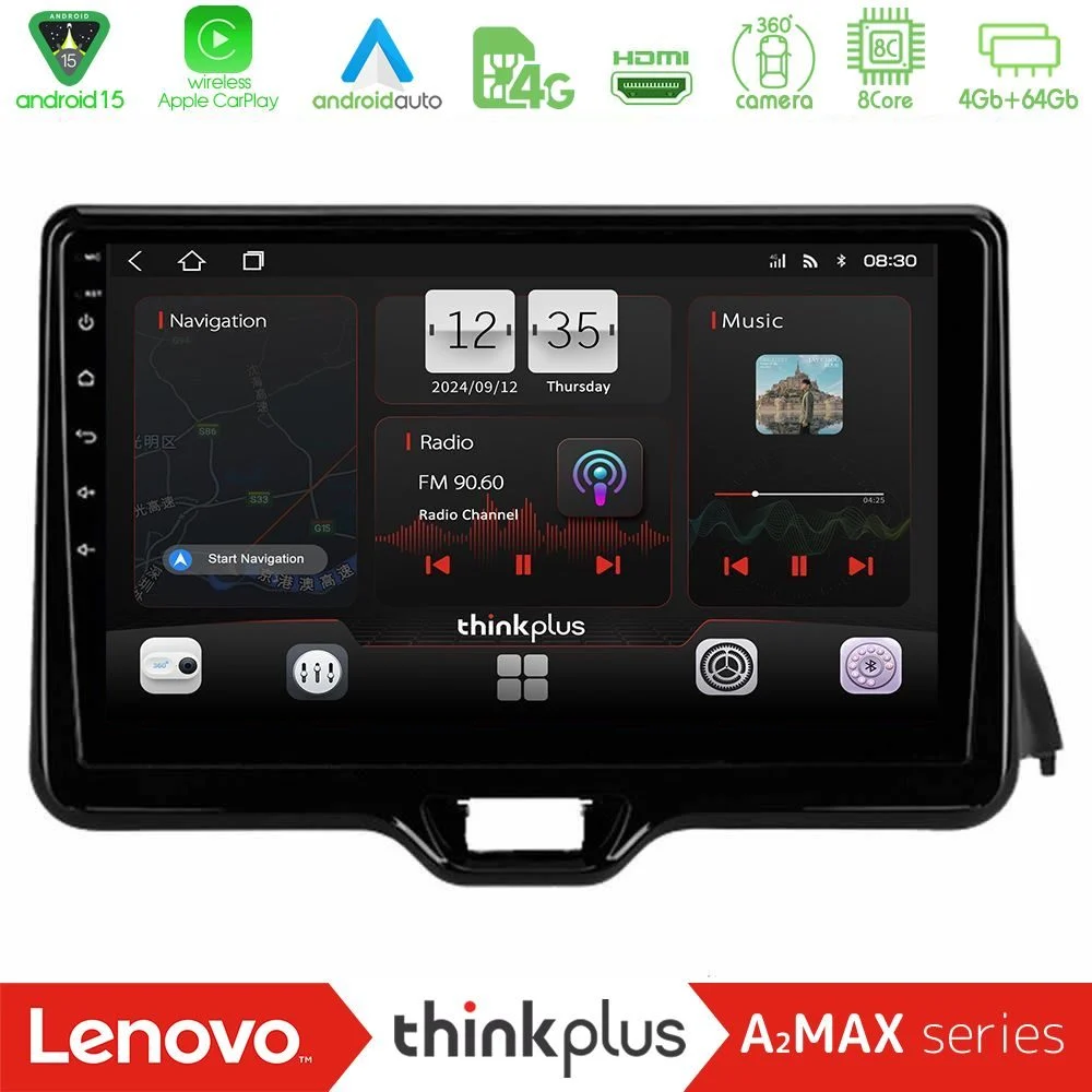 Lenovo Thinkplus A2MAX Series 8Core Android15 4+64GB Toyota Yaris 2020-> Navigation Multimedia Tablet 9"