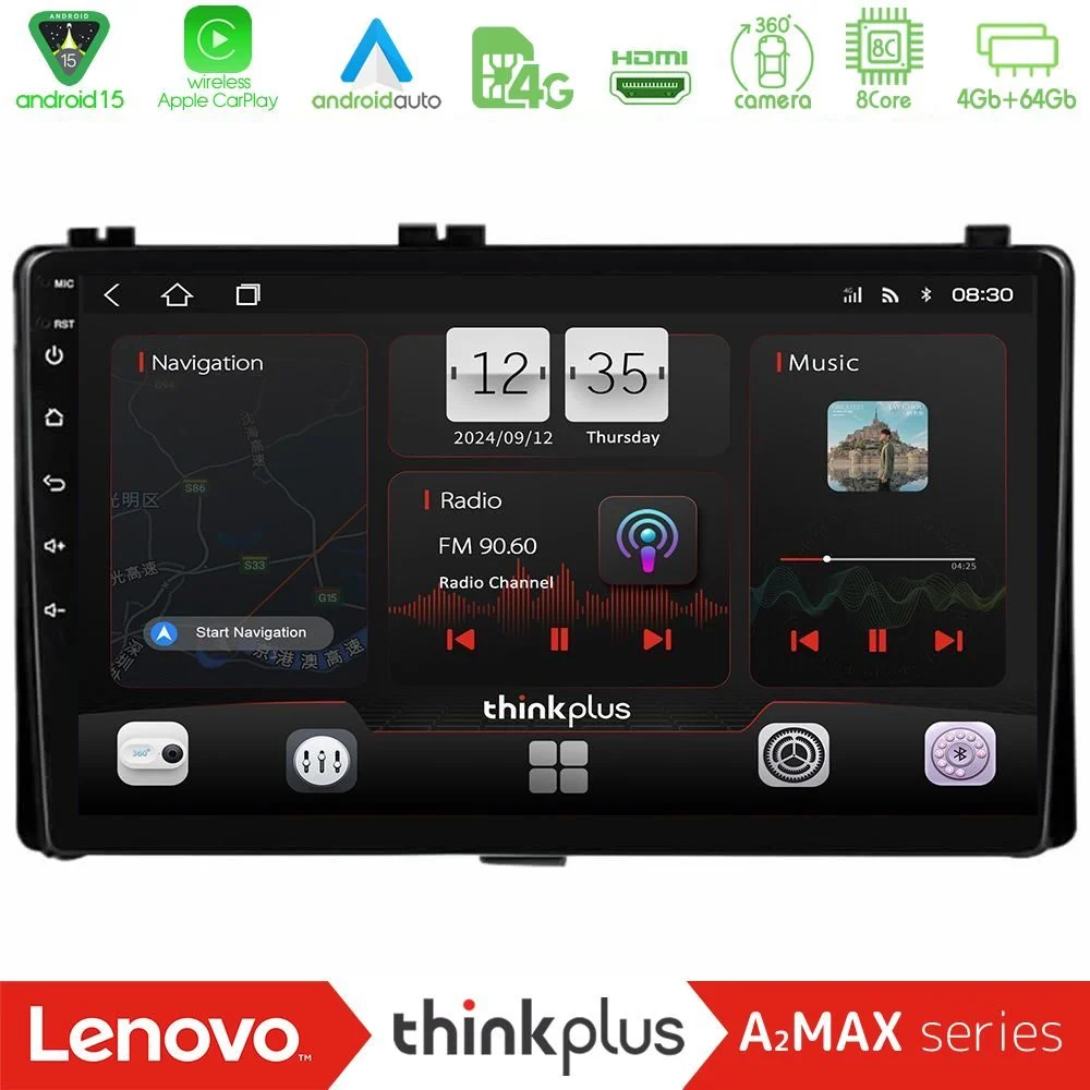 Lenovo Thinkplus A2MAX Series 8Core Android15 4+64GB Toyota Corolla/Auris 2017-2019 Navigat-ion Multimedia Tablet 9"