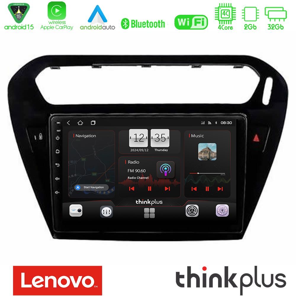 Lenovo Thinkplus Series 4Core Android15 2+32GB  Citroen C-Elysee / Peugeot 301 Navigation Multimedia Tablet 9" Με Carplay & Android Auto (Μαύρο))