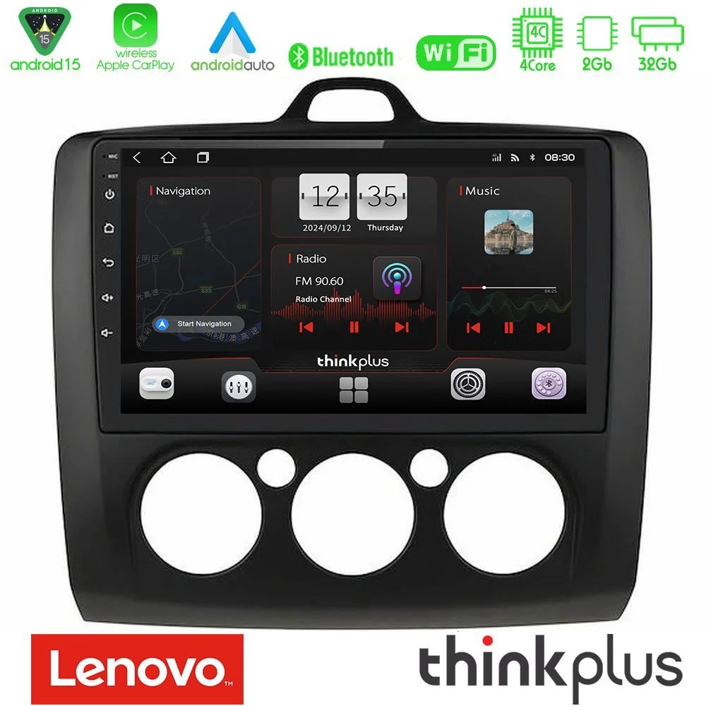 Lenovo Thinkplus Series 4Core Android15 2+32GB  Ford Focus Manual AC Navigation Multimedia Tablet 9" (Μαύρο Χρώμα) Με Carplay & Android Auto