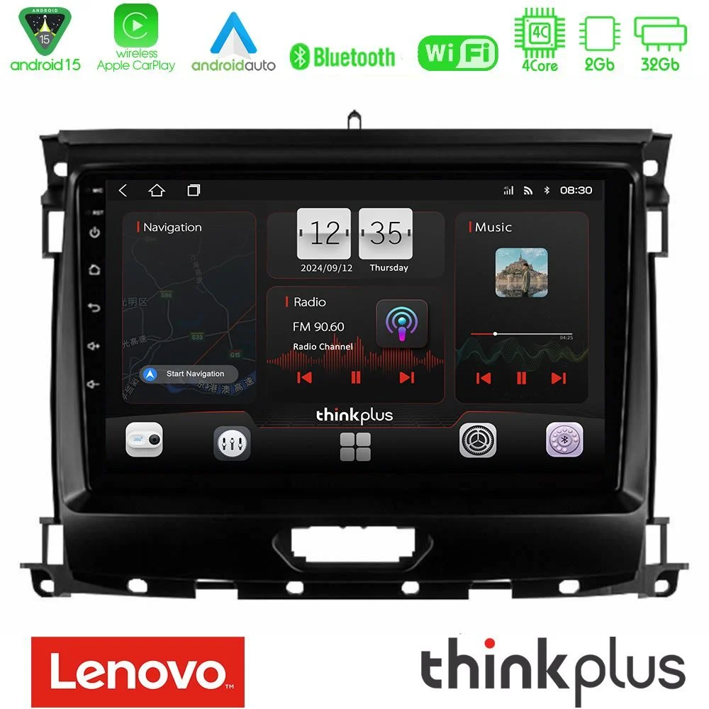 Lenovo Thinkplus Series 4Core Android15 2+32GB Ford Ranger 2017-2022 Navigation Multimedia Tablet 9" Με Carplay & Android Auto