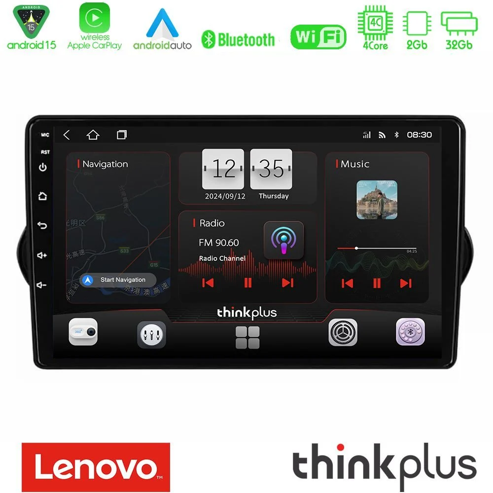Lenovo Thinkplus Series 4Core Android15 2+32GB Fiat Tipo 2015-2022 (Sedan) Navigation Multimedia Tablet 9" Με Carplay & Android Auto