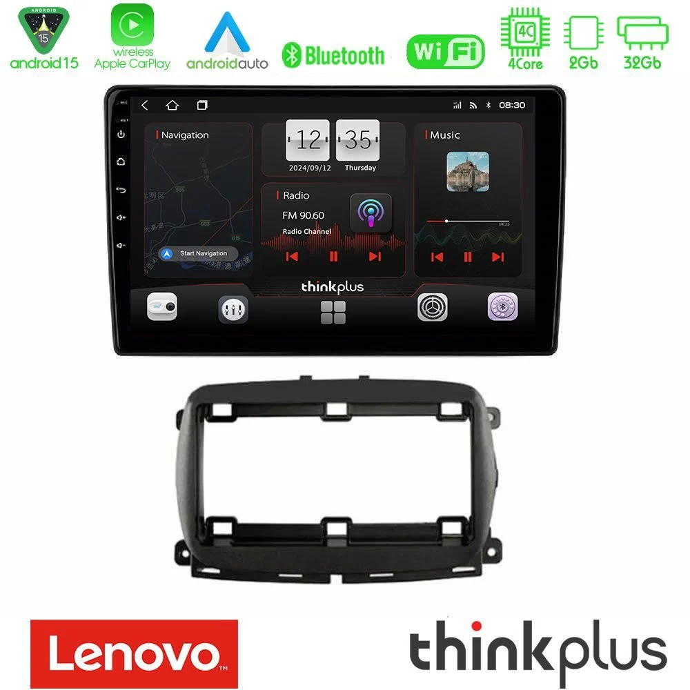 Lenovo Thinkplus Series 4Core Android15 2+32GB Fiat 500 2016> Navigation Multimedia Tablet 9" Με Carplay & Android Auto