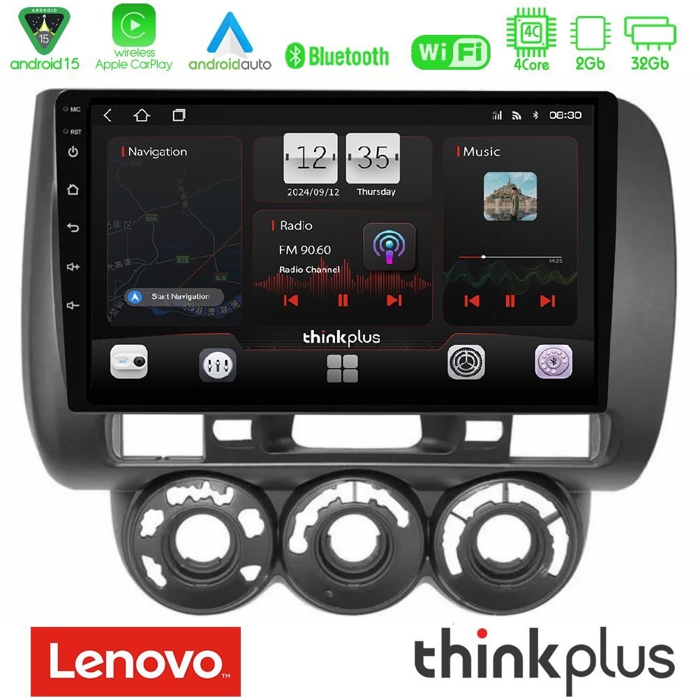 Lenovo Thinkplus Series 4Core Android15 2+32GB Honda Jazz (Fit) 2002-2008 (RHD) Manual A/C Navigation Multimedia Tablet 9" Με Carplay & Android Auto