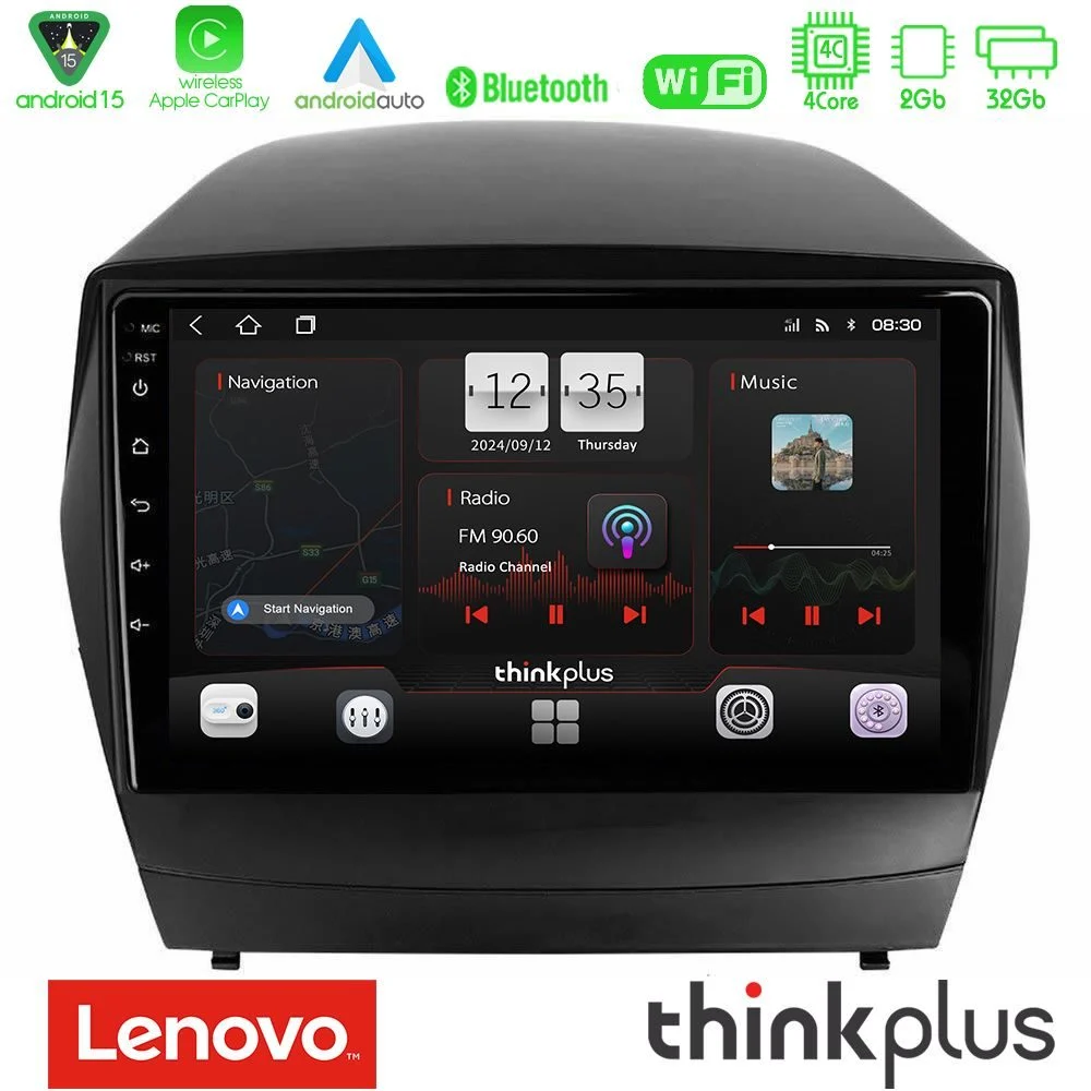 Lenovo Thinkplus Series 4Core Android15 2+32GB Hyundai IX35 Auto A/C Navigation Multimedia Tablet 9" Με Carplay & Android Auto