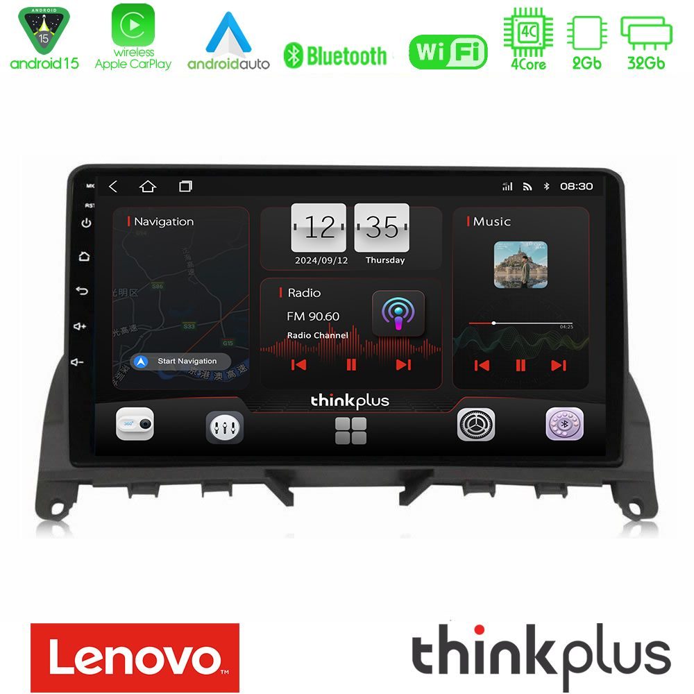 Lenovo Thinkplus Series 4Core Android15 2+32GB  Mercedes C Class W204 Navigation Multimedia Tablet 9" Με Carplay & Android Auto