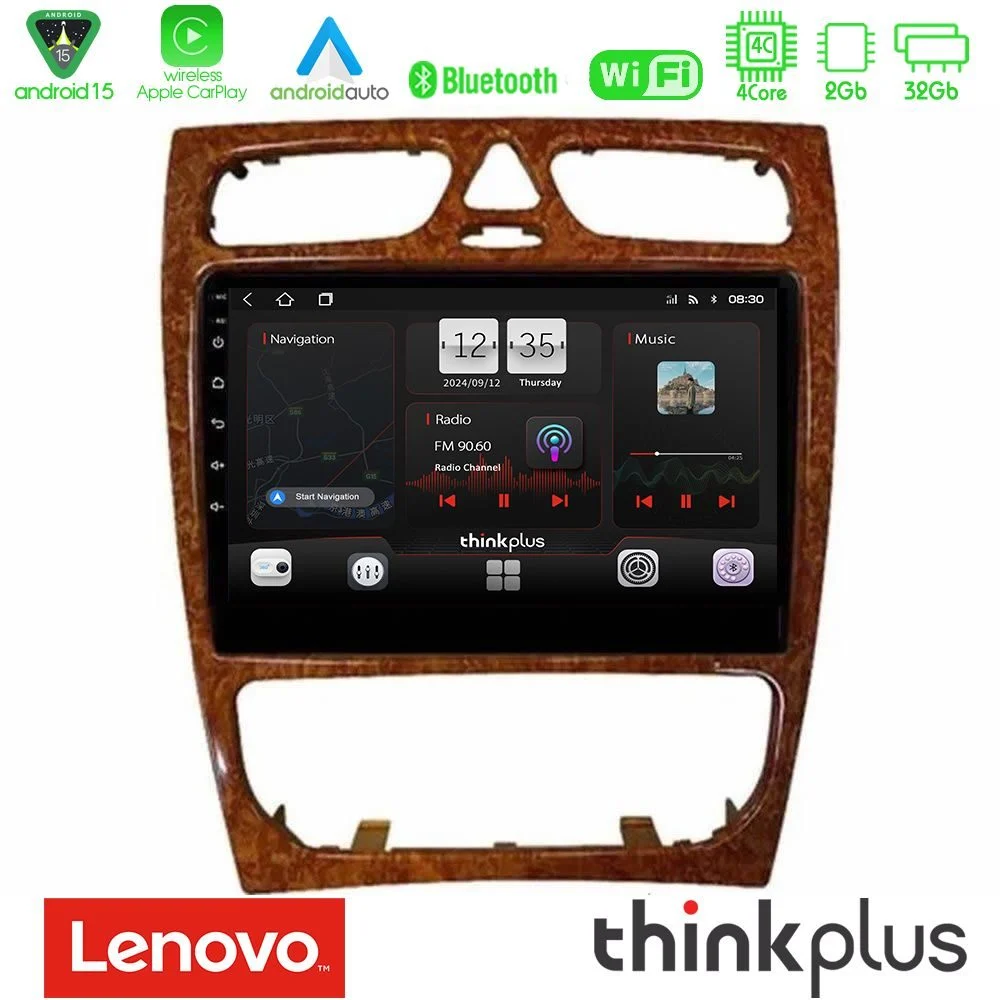 Lenovo Thinkplus Series 4Core Android15 2+32GB Mercedes C Class (W203) Navigation Multimedia Tablet 9" (Wooden Style) Με Carplay & Android Auto