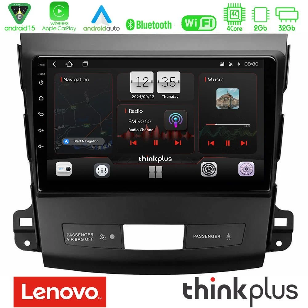 Lenovo Thinkplus Series 4Core Android15 2+32GB Mitsubishi Outlander/Citroen C-Crosser/Peugeot 4007 Navigation Multimedia Tablet 9" Με Carplay & Android Auto