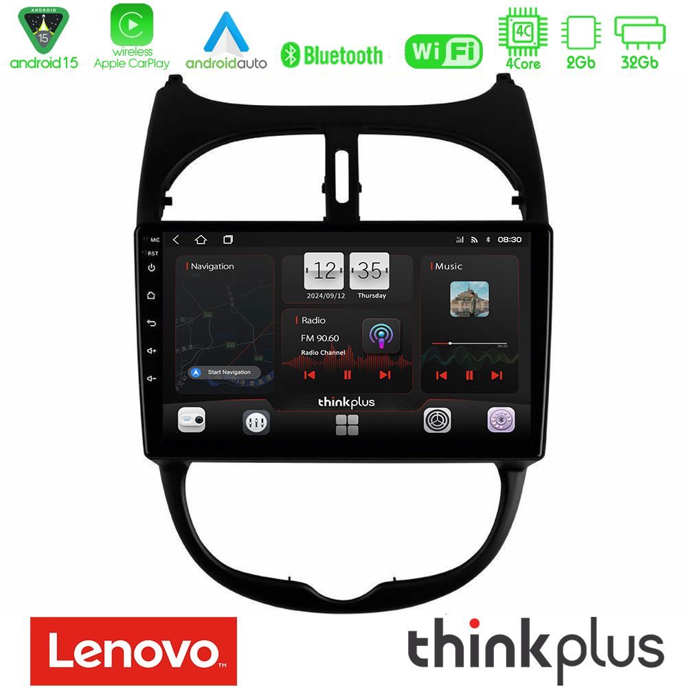 Lenovo Thinkplus Series 4Core Android15 2+32GB  Peugeot 206 Navigation Multimedia Tablet 9" Με Carplay & Android Auto