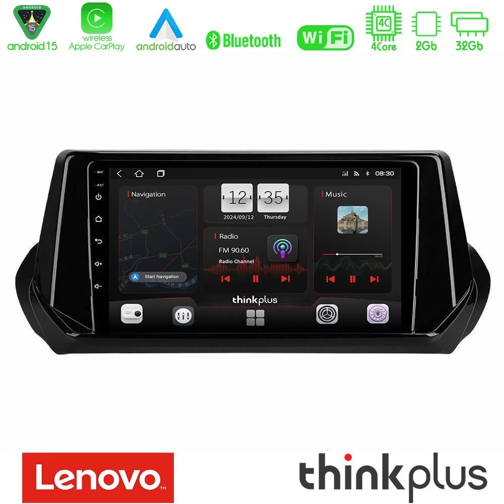 Lenovo Thinkplus Series 4Core Android15 2+32GB Peugeot 208 2019-2023 Navigation Multimedia Tablet 9" Με Carplay & Android Auto