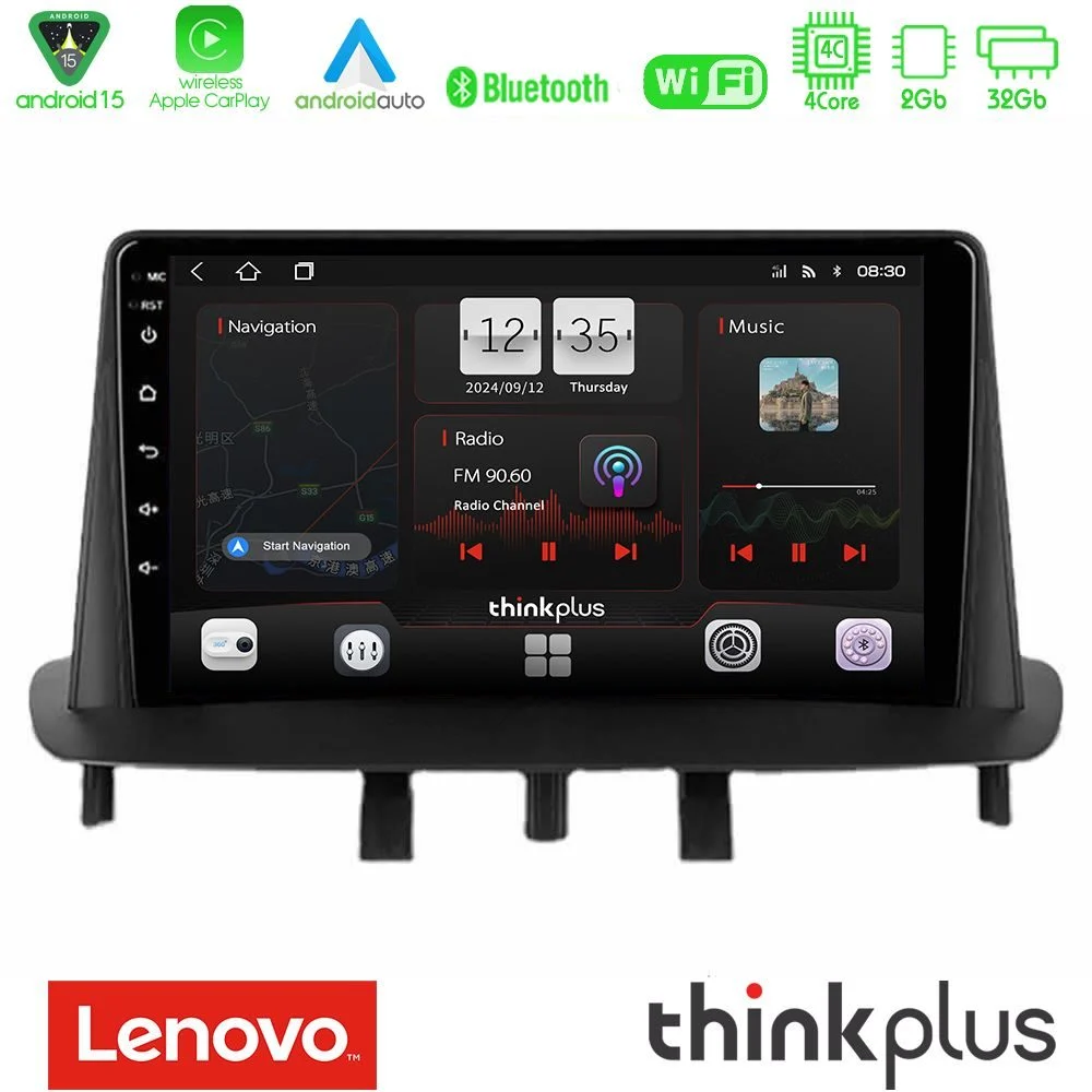 Lenovo Thinkplus Series 4Core Android15 2+32GB Renault Megane 3 2009-2013 Navigation Multimedia Tablet 9" Με Carplay & Android Auto